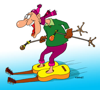 Карикатура о лыжнике. Бард катается на лыжах с микрофонами и гитарами.
