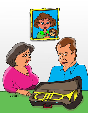 Карикатура о трубаче. Жена просит мужа сыграть на трубе. Дочь их умерла, ее портрет на стене с куклой.