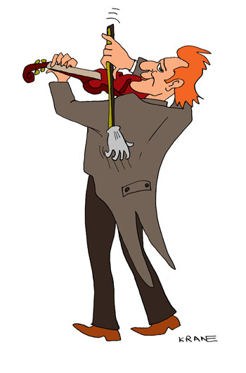 Карикатура о скрипаче. Скрипач на скрипке чешет смычком спину. Выключили горячую воду и музыкант пришел на концерт грязным.
