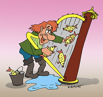 Карикатура про арфу с рыбой. Рыбак играет на арфе, вытаскивая рыбу пойманную в сети.