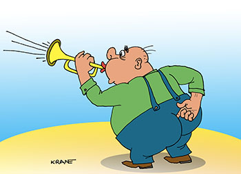 Карикатура про трубача. Трубач трубит в трубу. Пальцем затыкает другие отверстия, чтобы не снижалось давление в системе музыканта.