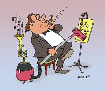 Карикатура про ноты. Музыкант играет по нотам. Ноты всасываются пылесосом и вылетают в трубу.