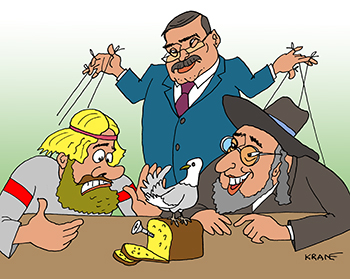 Карикатура про шуруп в хлебе. Русский и еврей на телепередаче о хлебе. Ведущий ток шоу дергает за ниточки