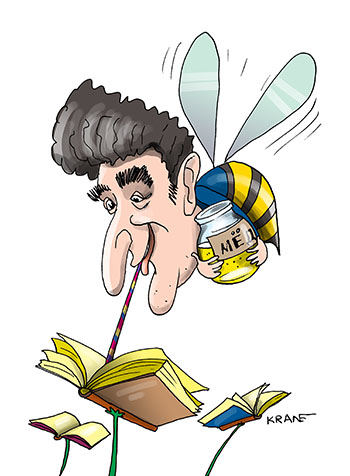 Карикатура про чтение книг. Читает книги. Собирает как пчела мёд из книг.