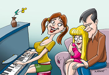 Карикатура про пение под пианино. Девушка играет на пианино и поет. Молодая парочка слушает новую песню в исполнении подруги.