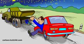 Карикатура об угоне автомобиля. Воры на КраЗе решили угнать Жигули на прицепе, но не заметили спящего в салоне хозяина машины.