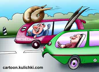 Карикатура об автомобилях. Оди гоняют по дорогам как козлы, другие как бараны.