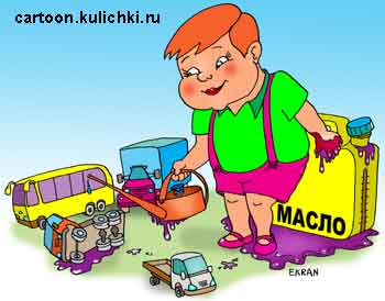 Карикатура о перевозки грузов. Автопарк транспортной компании нужно заправлять горюче смазочными материалами отличного качества.