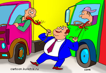 Карикатура о перевозки грузов. Хозяин автотранспортной компании держит языки водителей, чтобы коммерческая тайна предприятия не дошла до конкурентов.