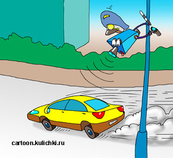 Карикатура о видеофиксации нарушителей на дорогах. А столбе видеокамера не считала номер машины нарушителя.