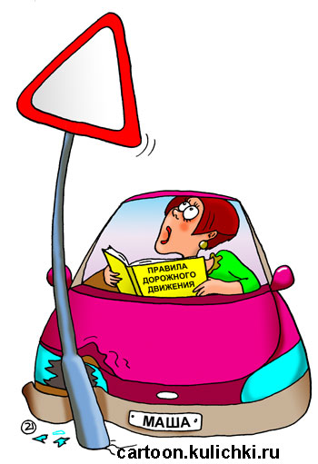 Карикатура о купленных правах. Девушка не зная правил уличного движения совершила аварию и стала изучать дорожные знаки.