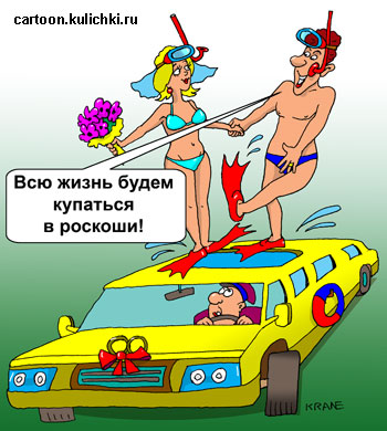 Карикатура про свадебную церемонию. Заказывают дорогие лимузины с бассейном, чтобы все жизнь молодожены купались в роскоши.
