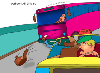 Карикатура об аварии. Таксист стал свидетелем как под колеса автобуса попал мужчина в шапке ушанке.