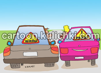 Карикатура о шипах и розах. Мужик на машине со знаком осторожно ШИПЫ. Девушка на своем авто со знаком РОЗЫ.