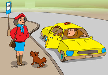 Карикатура про такси. Девушка в красном пуховике на автобусной остановке стоит. Рядом бегает дворняга. Таксист предлагает подвезти девушку.