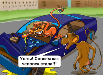Карикатура о пьянстве за рулем. Пьяная обезьяна разбила машину, на капоте сумка и очки. Совсем как человек - обезьянничает.
