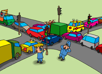 Карикатура о пробках. Пробка на дороге. Гаишники не в силах контролировать дорожное движение. Сломался светофор. Водители дерутся.