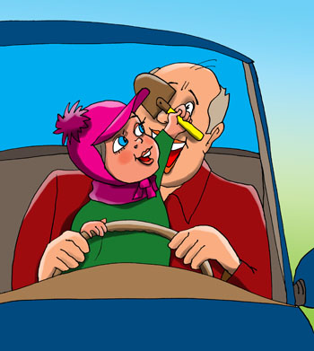 Карикатура о водителе с малышом на коленях за рулем. Водитель за рулем посадил малыша себе на колени. Малыш балуется и мешает водителю управлять автомобилем.