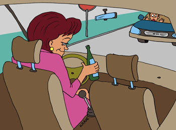 Карикатура о пьянстве за рулем. Женщина пьяная за рулем с бутылкой совершила аварию выехав на полосу встречного движения.