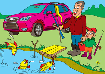 Раскраска для детей с машинами марки Субару. Джип Subaru привез на рыбалку отца и сына. Рыбки в озере радостно приветствуют рыбаков высокими прыжками из воды. Раскраска для детей с машинами марки Субару.