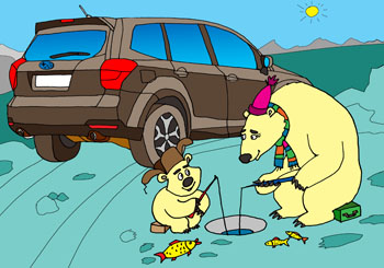 Раскраска для детей с машинами марки Субару. Внедорожник Subaru в Арктике. Белые медведи ловят рыбу в проруби. Раскраска для детей с машинами марки Субару.