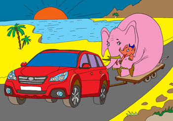 Раскраска для детей с машинами марки Субару. Внедорожник Subaru везет на прицепе Слониху со слонёнком по Африке. Раскраска для детей с машинами марки Субару.