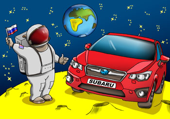 Раскраска для детей с машинами марки Субару. Космонавт по Луне катается на Subaru. Раскраска для детей с машинами марки Субару.