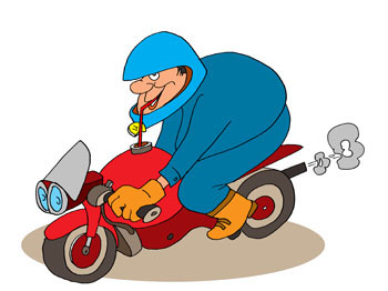 Карикатура о байкере. Байкер на мотоцикле. Байк с огромным бензобаком. Сосет через соломинку топливо.