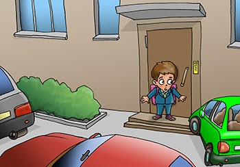 Карикатура о дороге в школу. Ребенок выходит из подъезда: нужно убедиться в безопасности. Школьник выглядывает испугано из дверей подъезда. На козырьке большая сосулька, рядом злая собака, у стены стоят два гопника с пивом