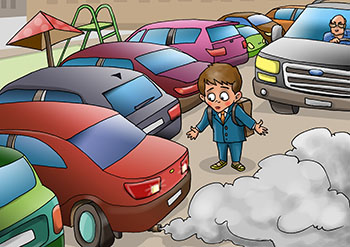 Карикатура о машинах во дворе. Ребенок идет по двору: машины могут ехать, могут двигаться задним ходом, в том числе в парковок. Зад газующей машины выдвигает из ряда припаркованных машин, школьник остановился, а за его спиной на него едет джип.