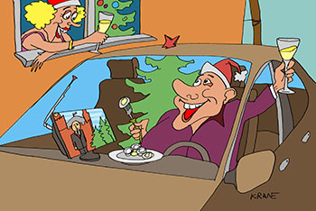 Карикатура о как встретить Новый год. Мужчина празднует Новый год в машине. Елка, телевизор, пельмени и соседка в окне