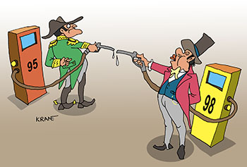 Карикатура про бензин. Дуэль на пистолетах от бензоколонки. 