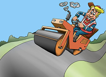 Карикатура про каток. Дорожный рабочий на дорожном катке укатывает асфальт.