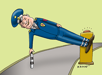 Карикатура про шлагбаум. Лежачий полицейский стал шлагбаумом