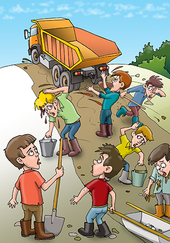 Карикатура про застрявший КАМАЗ. КАМАЗ застрял на пригорке. Мальчишки с ведрами, лопатами, носилками помогают грузовику выехать. 