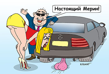 Карикатура про мерседес. Мерседес с запчастью от настоящего мерина. Новый русский хвастает своей машиной перед девушкой.