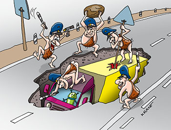 Карикатура про беспилотники на дорогах. Грузовик беспилотник провалился в асфальте. Гаишники как дикари забивают мамонта попавшего в яму.
