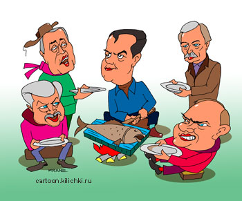 Дмитрий Медведев провел совещание с лидерами партий. Угощает рыбой Жириновского, Грызлова, Миронова, Зюганова.