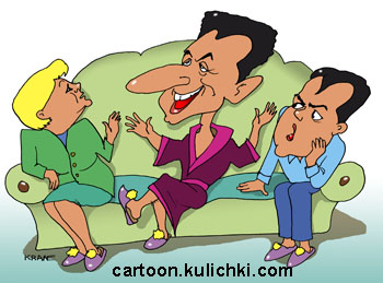 Меркель, Саркози и Медведев дружат домами, сидят беседуют на диване.