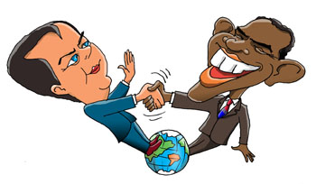 Медведев и Абама стоят на глобусе. Дружеское рукопожатие с разных полушарий планеты.
