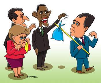 Медведев уходит с перезидентского поста. Меркель плачет в платочек. Саркози и Абама прощаются с другом.