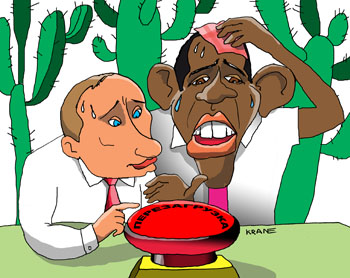 Карикатура об отношениях между Россией и США. Президент Путин и президент Обама в Мексике решали как перезапустить перезагрузку.