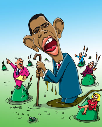 Обама увяз в проблемах. Стоит по самые в болоте. На болотных кочках сидят советники и показывают направление выхода из проблем. 