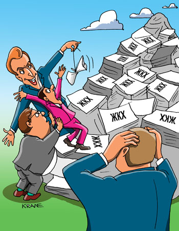 Карикатура о ЖКХ. Горы бумаг, документов и нормативных актов пугают бизнесменов. Чиновники заманивают бизнес в ЖКХ.