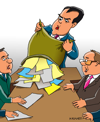 Карикатура о наказах президента. Медведев вываливаетс с мешка листочки на стол. За столом сидят министры