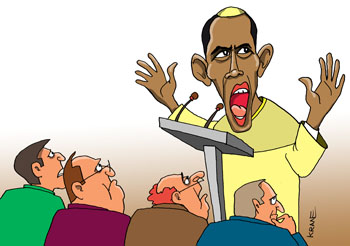 Карикатура о санкциях США к России. Обама ведёт службу. Предприниматели не довольны политикой силы и санкций в отношении России.