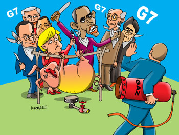Карикатура о G 7 в Брюсселе. Путин пожелал приятного аппетита лидерам стран G 7. Поросёнок на вертеле не зажаренный весит. Путин уносит баллон с газом. Обама, Меркель и другие президенты машут вилками и ножами.