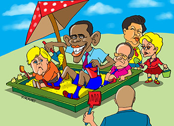 Карикатура о странах БРИКС. Путин, Меркель, Обама и другие лидеры стран ищут новую песочницу.