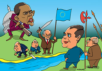 Карикатура о санкциях. Обама командует Евросоюзом в войне с Россией. Медведев угрожает ответными санкциями.
