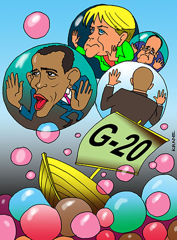 Карикатура о саммите G 20. Кораблик G 20, в пузырях президенты Обама, Меркель.